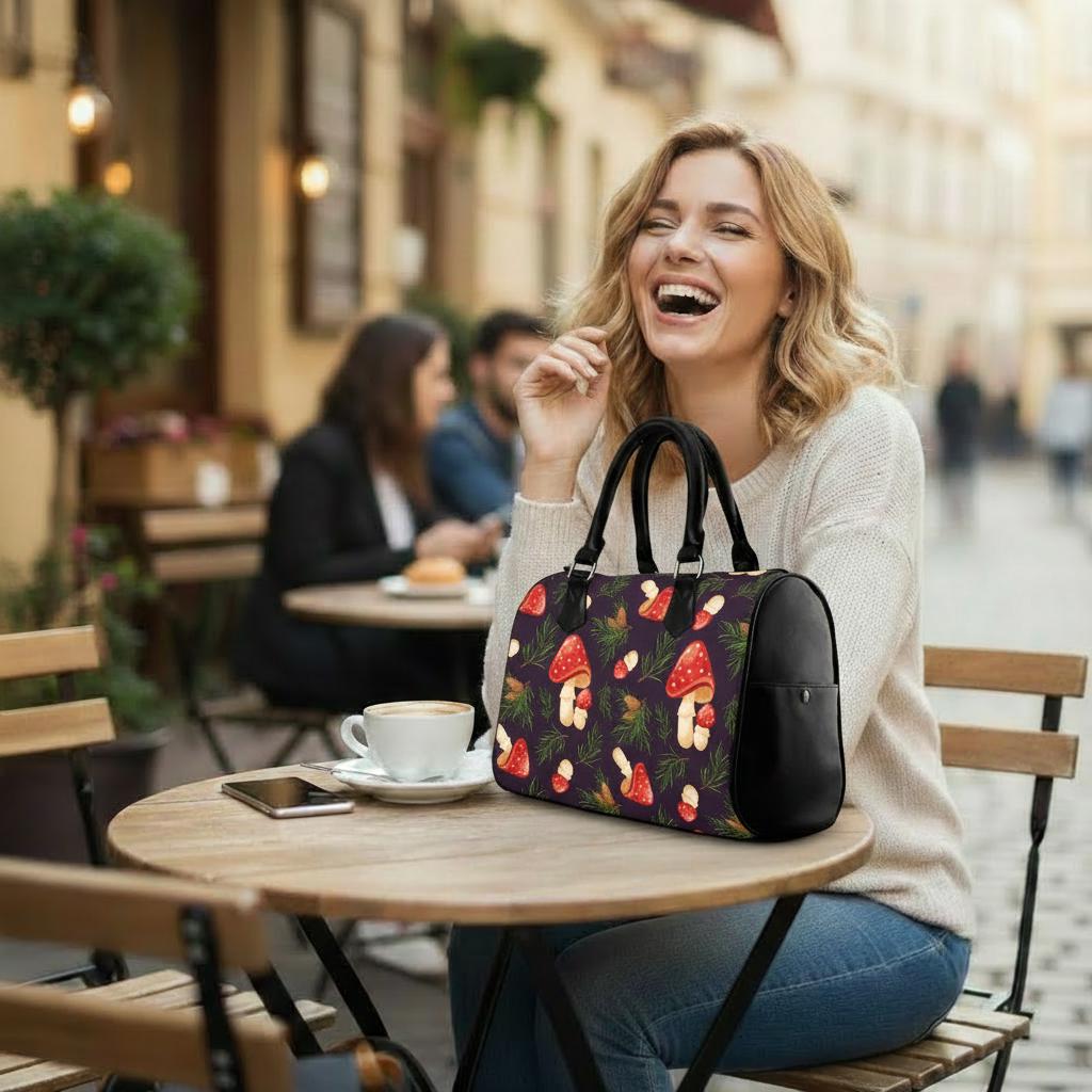 Dark Academia Mushroom Barrel Handbag – Black Red Botanical Forest Bag