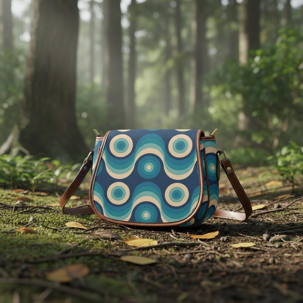 Retro 70s Wave Pattern Saddle Bag - Midcentury Style Crossbody Handbag