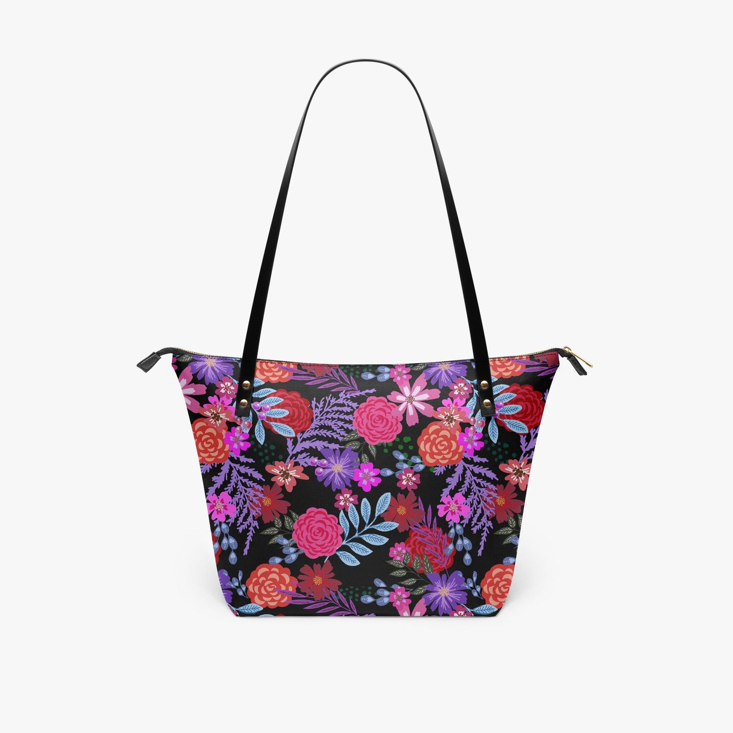 Bold Floral Roomy Tote Bag - Large Shoulder Handbag Black Pink Purple Shopper
