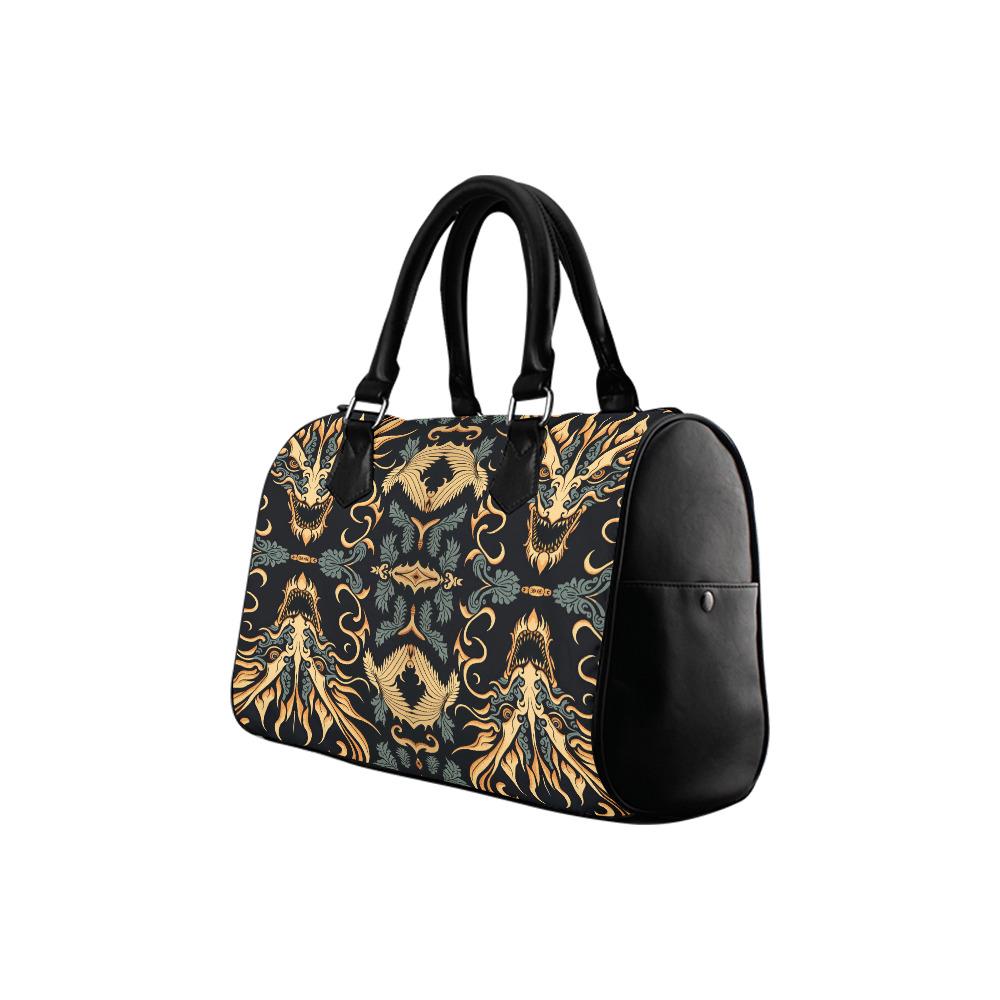 Asian Dragon Print Barrel Handbag – Black Gold Everyday Bag