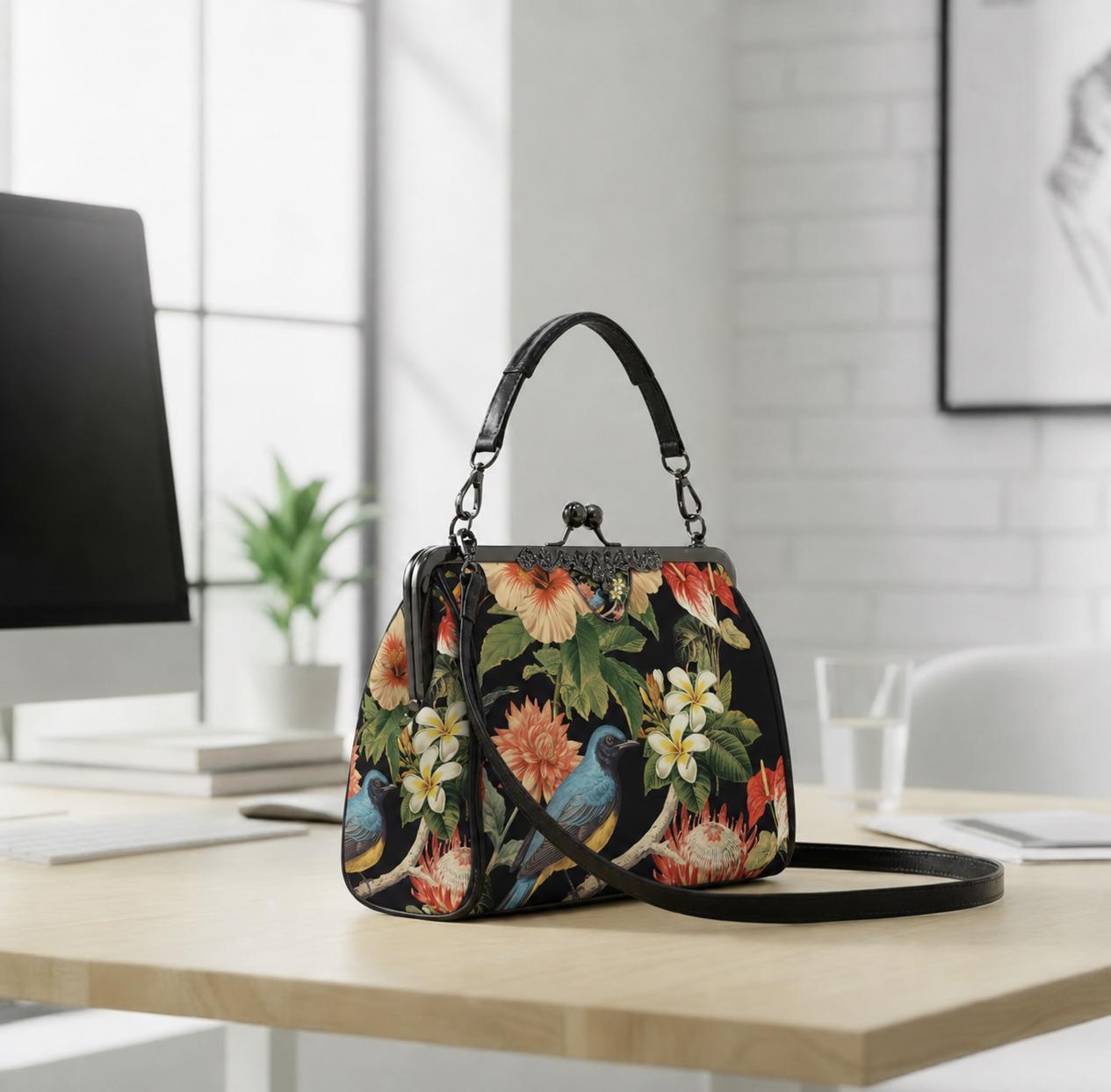 Bold Exotic Flowers & Bird Kisslock Crossbody Shoulder Bag - Dark Academia Handbag