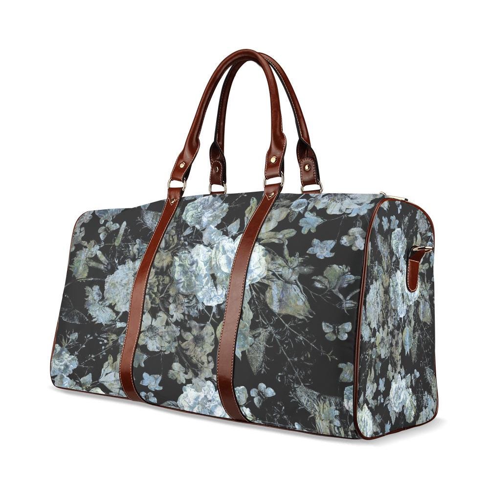 Dark Academia Black Gray Floral Travel Bag – Waterproof Grunge Weekender Duffle