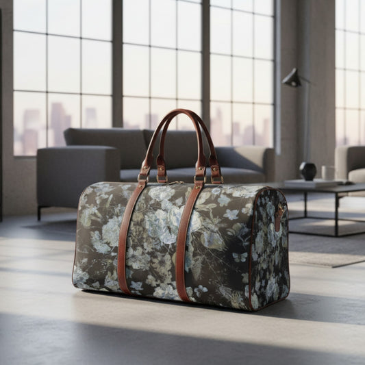 Moody Black Gray Floral Travel Bag – Waterproof Grunge Weekender Duffle