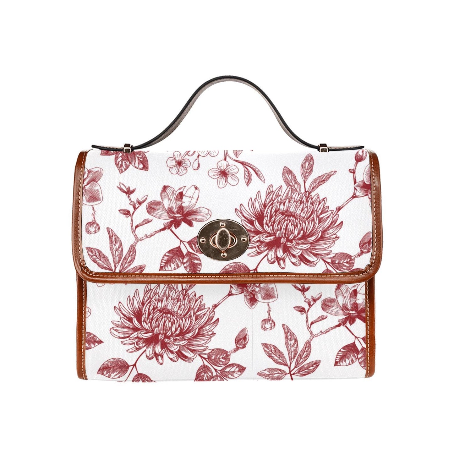 Toile de Jouy Canvas Crossbody Handbag – Vintage White Red Floral Top Handle Bag