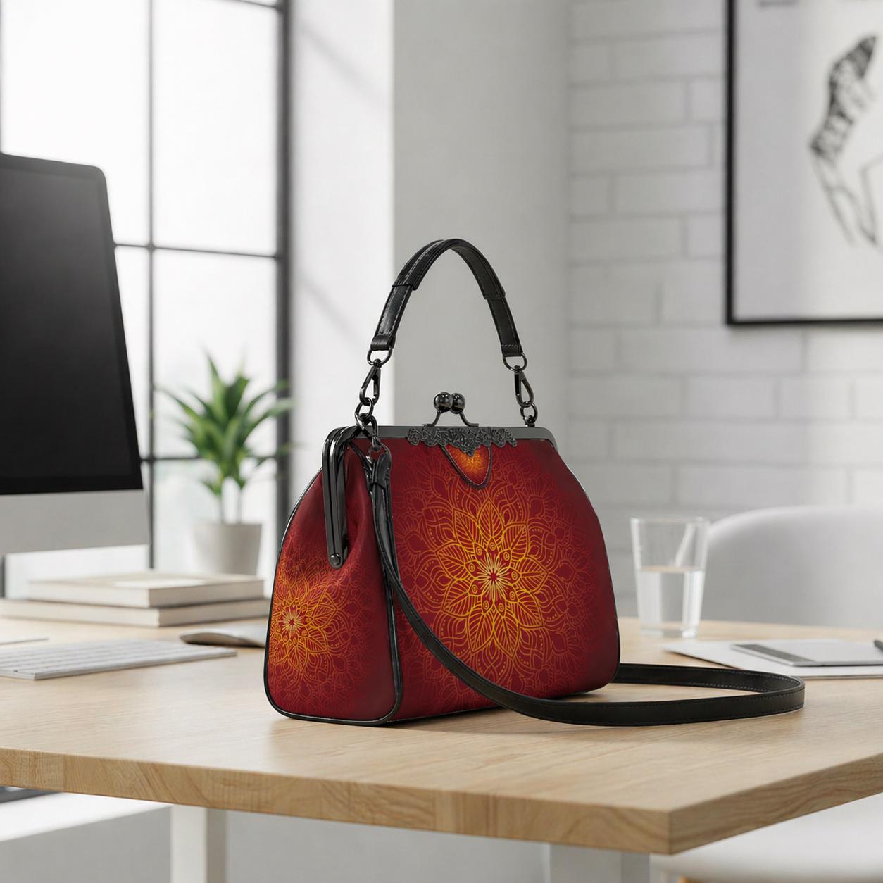 Black Red Orange Mandala Kisslock Handbag –  Meditation Asian Style Crossbody Bag