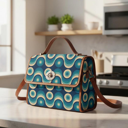 Retro 70s Blue Brown Canvas Crossbody Bag – Midcentury Flap Satchel