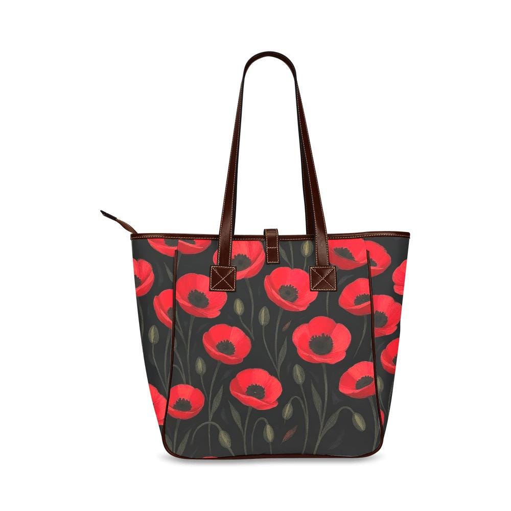 Bolso tote grande negro y rojo con amapolas – bolso de estilo floral dark academia