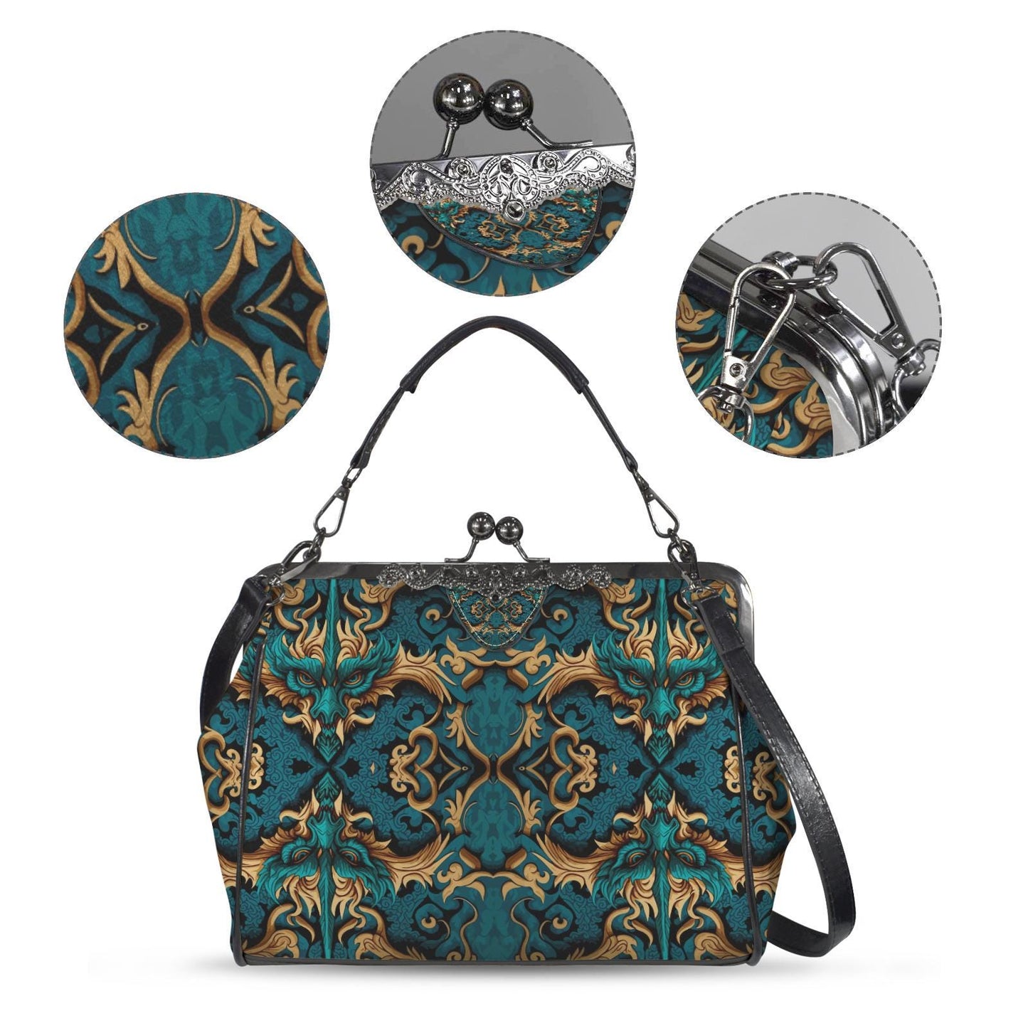 Petrol Gold Vintage Dragon Kisslock Crossbody Handbag