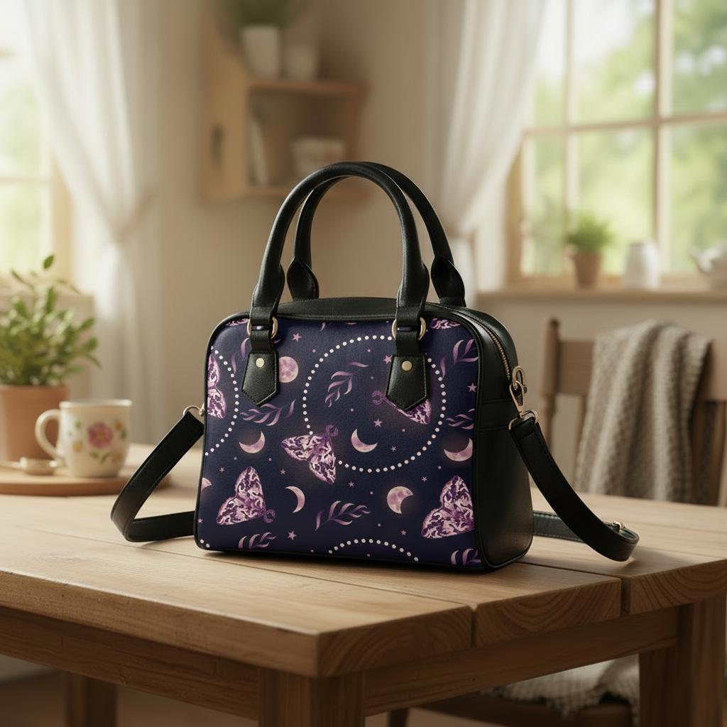 Dark Academia Moths & Moon Shoulder Handbag – Gothic Vegan Leather Handbag