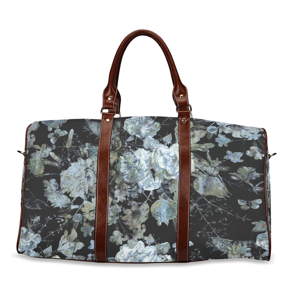 Dark Academia Black Gray Floral Travel Bag – Waterproof Grunge Weekender Duffle