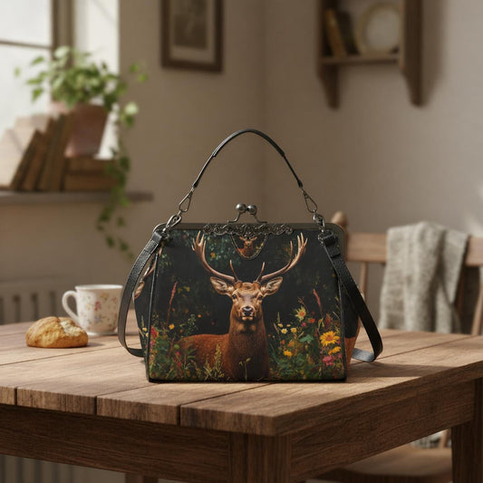Deer Forest Kisslock Crossbody Shoulder Bag - Dark Academia Nature Lover Handbag