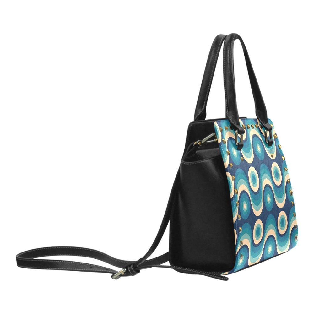 Blue Black Retro 70s Rivet Shoulder Handbag – Vintage Midcentury Style Purse