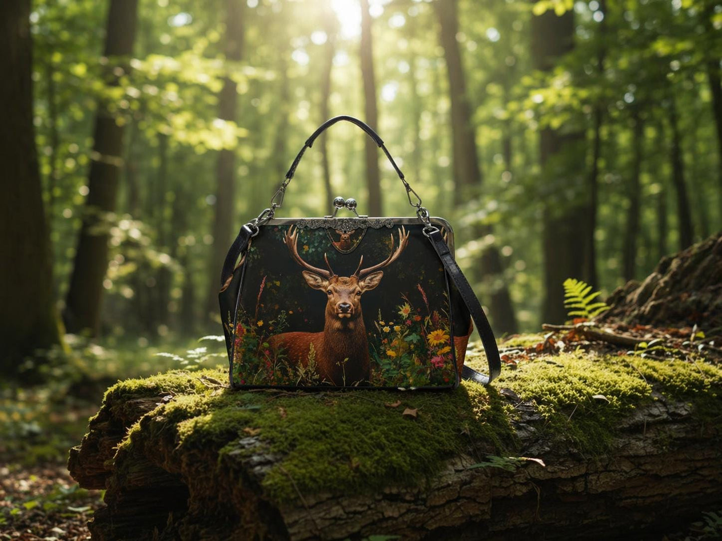 Deer Forest Kisslock Crossbody Shoulder Bag - Dark Academia Nature Lover Handbag