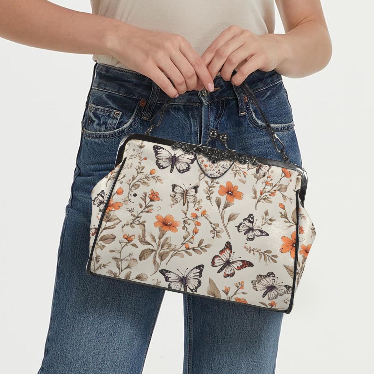 Toile de Jouy Kisslock Crossbody Shoulder Bag - Vintage Millefiori Floral Handbag
