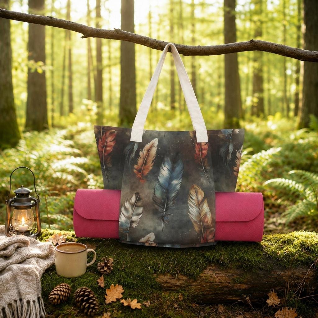 Boho Feathers Yoga Tote Bag with Mat Holder – Dark Academia Forest Tote