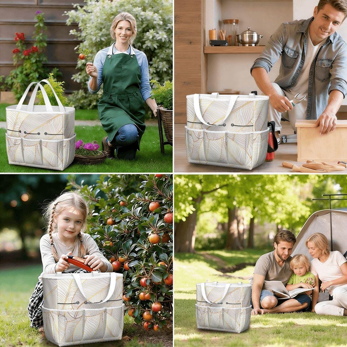 White Gold Leaves Gardening Tool Organizer Bag – Luxury Elegant Gardening Gift