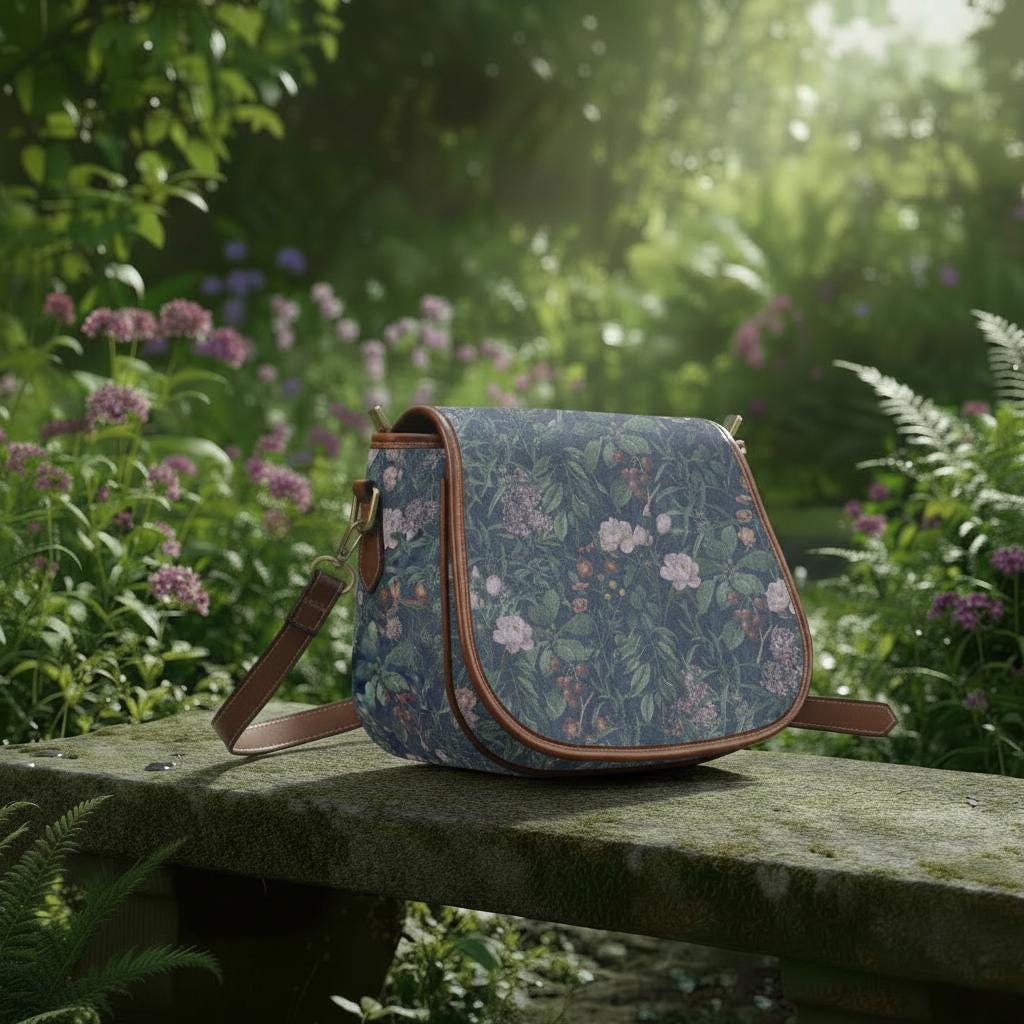 Dark Academia Flowers Crossbody Saddle Bag – Alternative Gothic Floral Vegan Handbag
