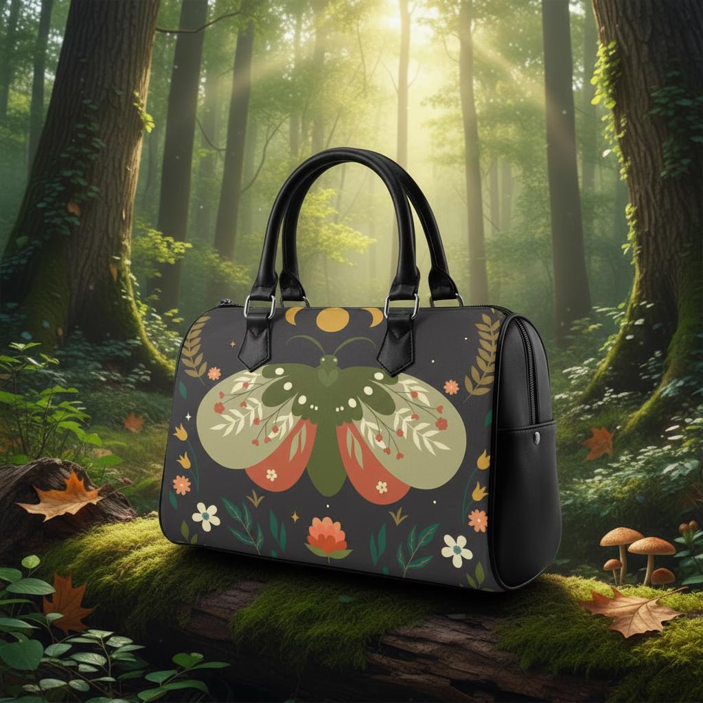 Dark Academia Moth Barrel Handbag – Black Green Orange Everyda Bag