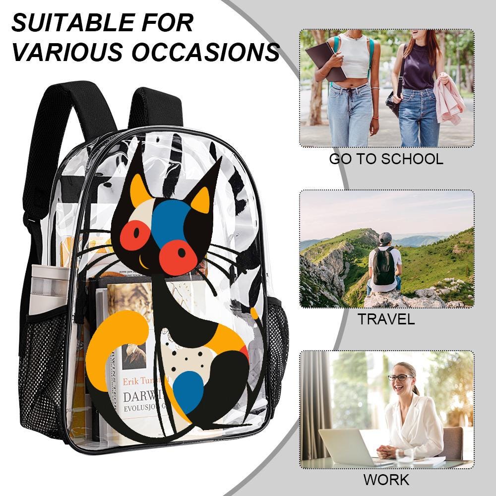 Transparent PVC Backpack with Abstract Cat Print, 17 Inch with Side Pockets