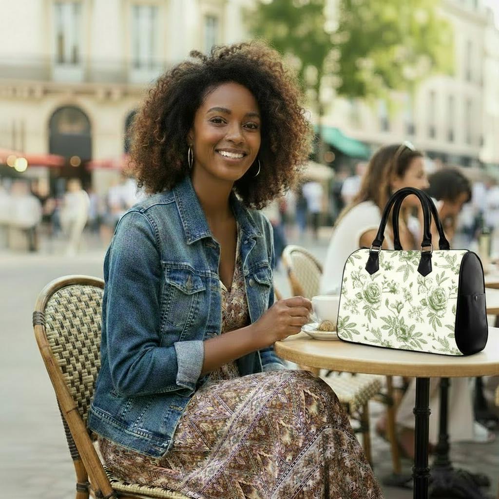 Sac à main tonneau Toile de Jouy vert et blanc – Sac à main quotidien vintage français à motif floral