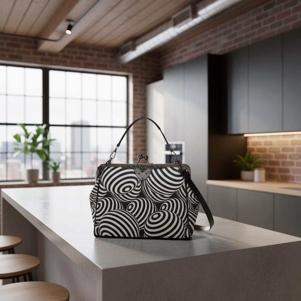 Black White Op-Art Kisslock Crossbody Bag – Vintage 80s Monochrome Handbag