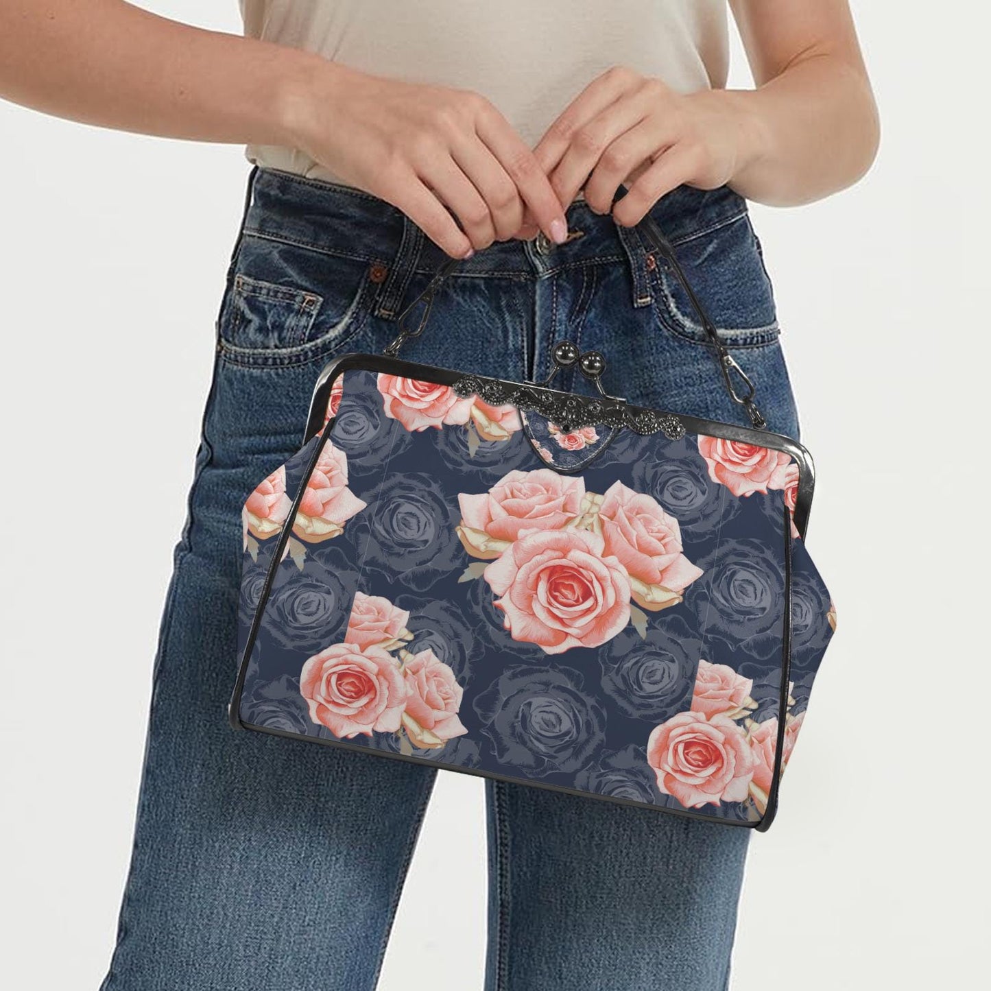 Dark Academia Roses Vintage Kisslock Bag - Floral Victorian Feminine Crossbody