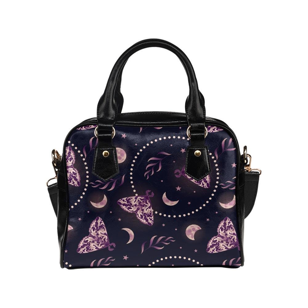 Dark Academia Moths & Moon Shoulder Handbag – Gothic Vegan Leather Handbag
