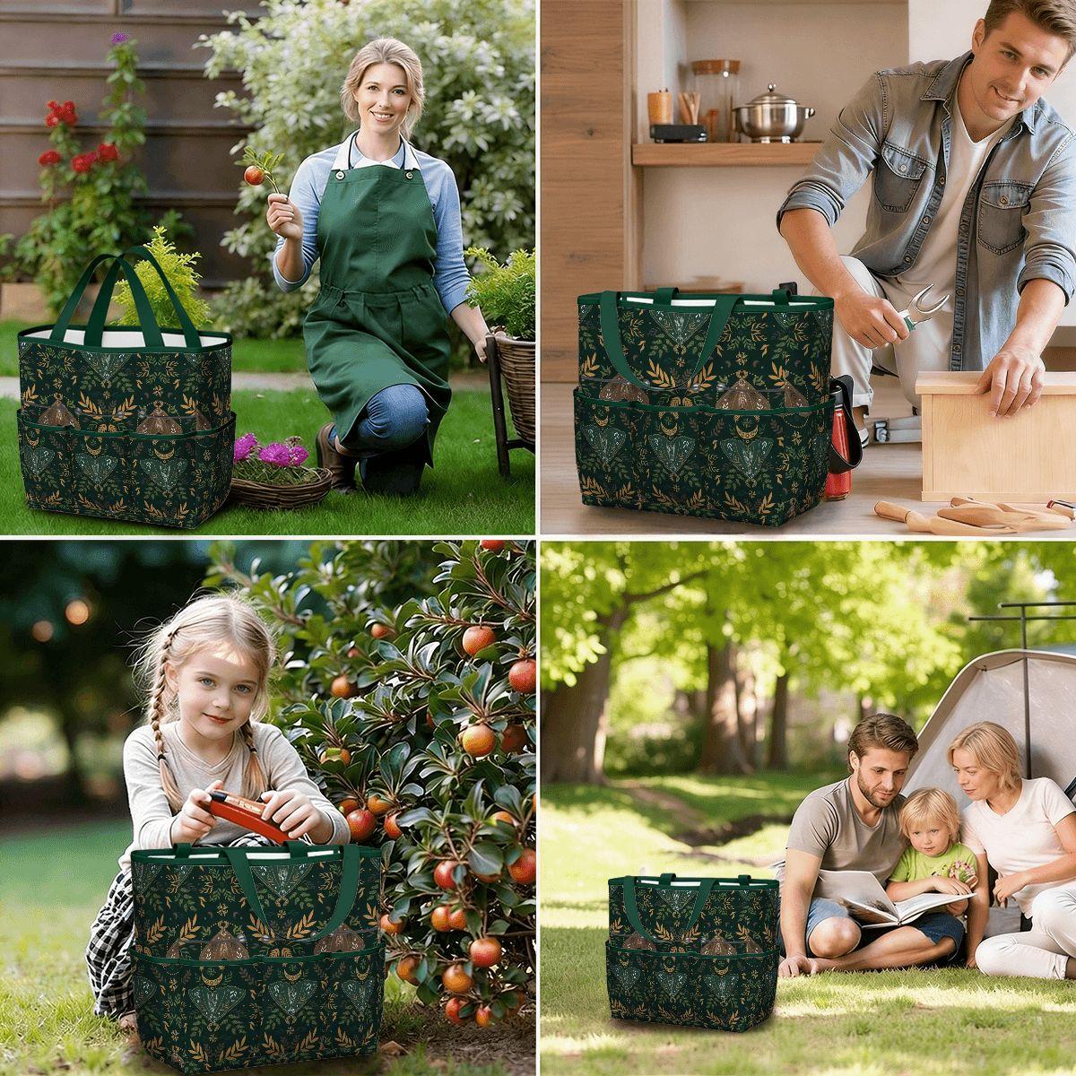 Dark Green Folkloric Garden Tote – Gardening Tool Organizer Bag With Pockets