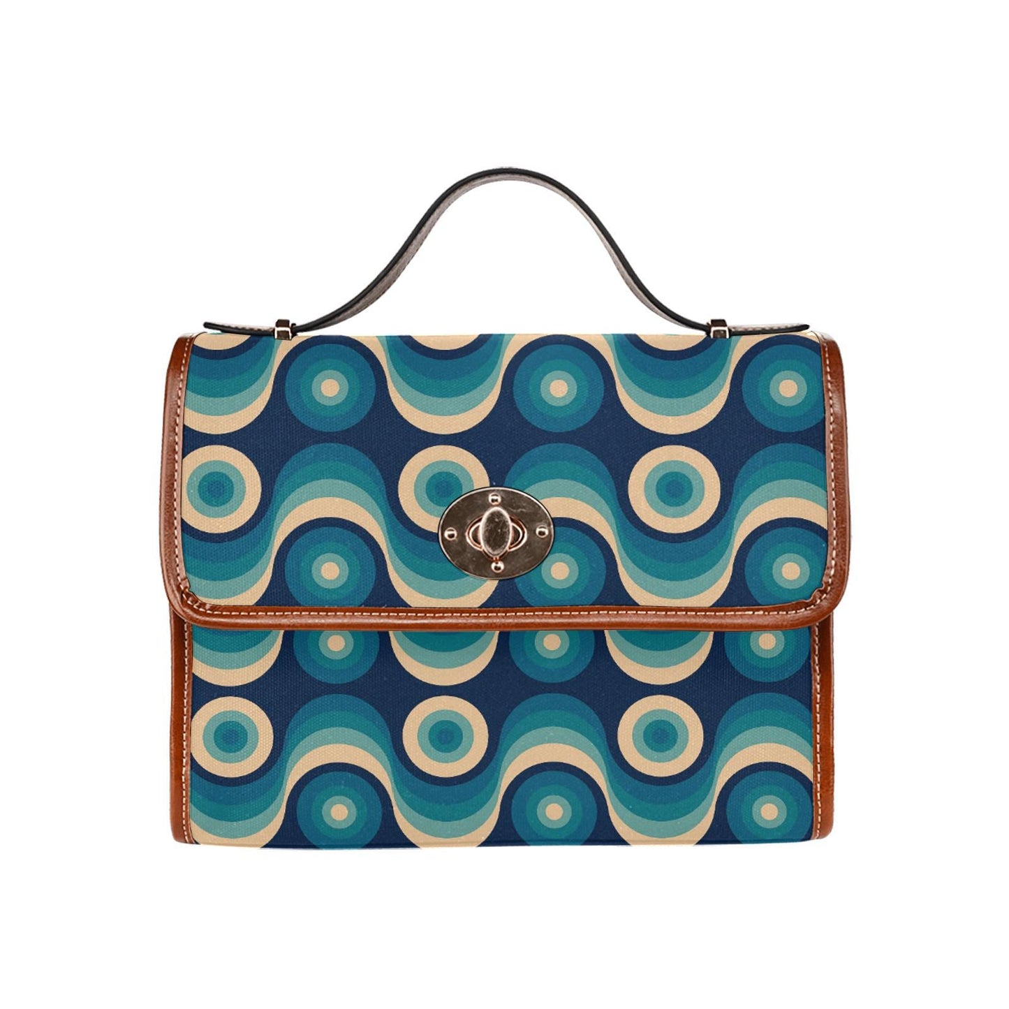 Retro 70s Canvas Crossbody Bag – Blue Brown Midcentury Style Handbag