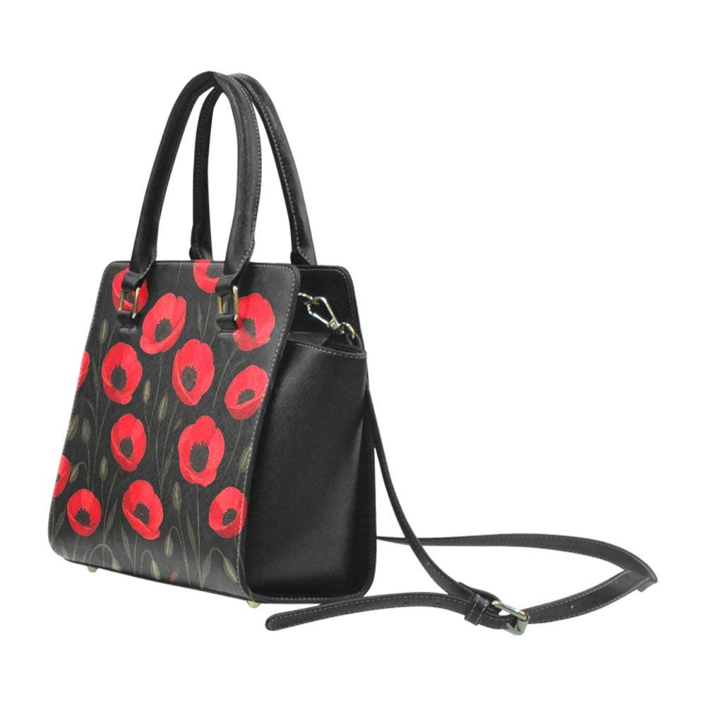 Black Red Poppy Floral Studded Shoulder Bag – Vintage Garden Rivet Handbag