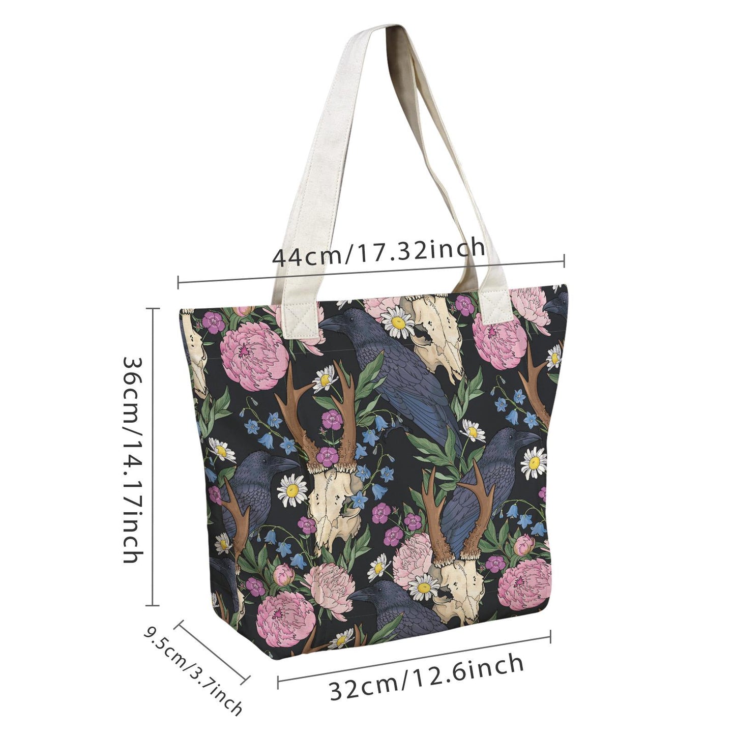 Dark Academia Raven Antler Cotton Yoga Tote – Shoulder Bag with Built-In Mat Storage