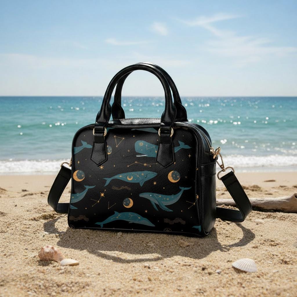 Whimsical Whale Moon Shoulder Handbag – Black Blue Fairycore Vegan Top Handle Bag