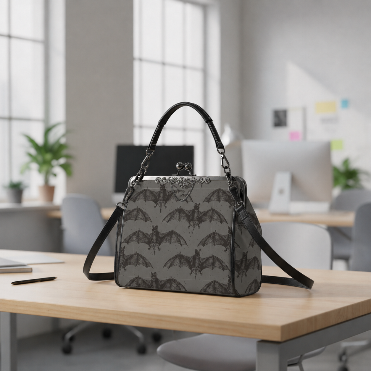 Moody Gothic Bats Kisslock Crossbody Shoulder Bag