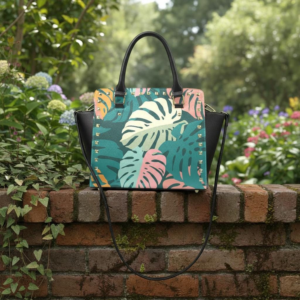 Retro 70s Monstera Rivet Shoulder Handbag – Vintage Midcentury Print Purse