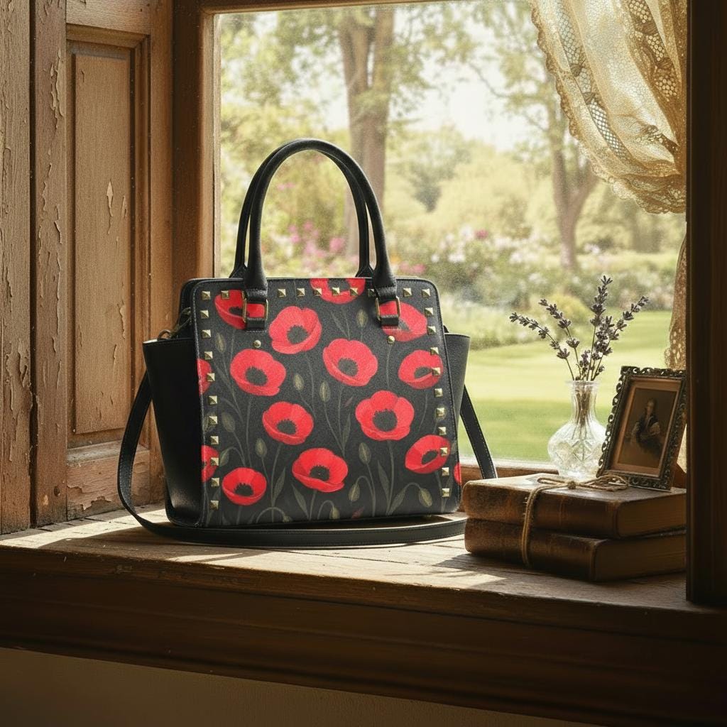 Black Red Poppy Floral Studded Shoulder Bag – Vintage Garden Rivet Handbag