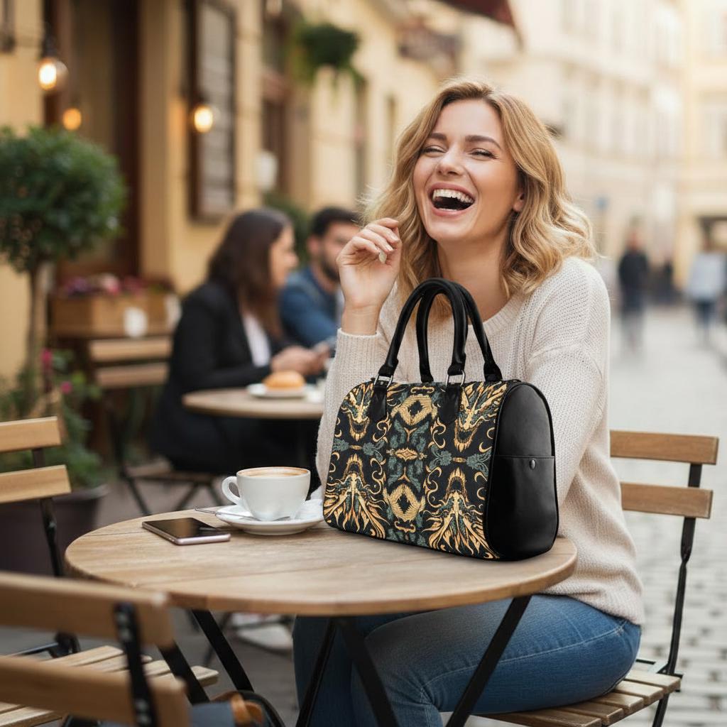 Asian Dragon Print Barrel Handbag – Black Gold Everyday Bag
