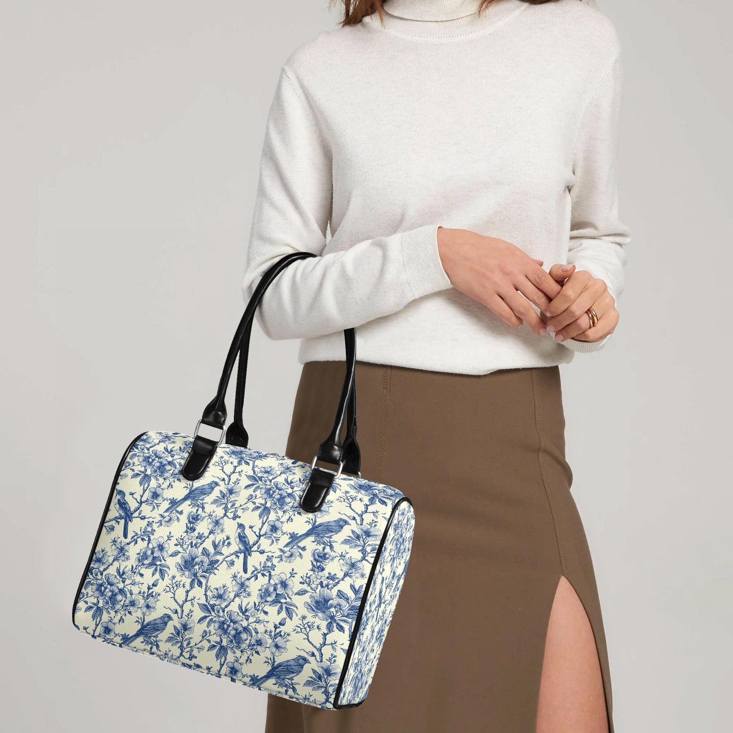 Toile de Jouy Top Handle Shoulder Bag – Blue White French Vintage Handbag