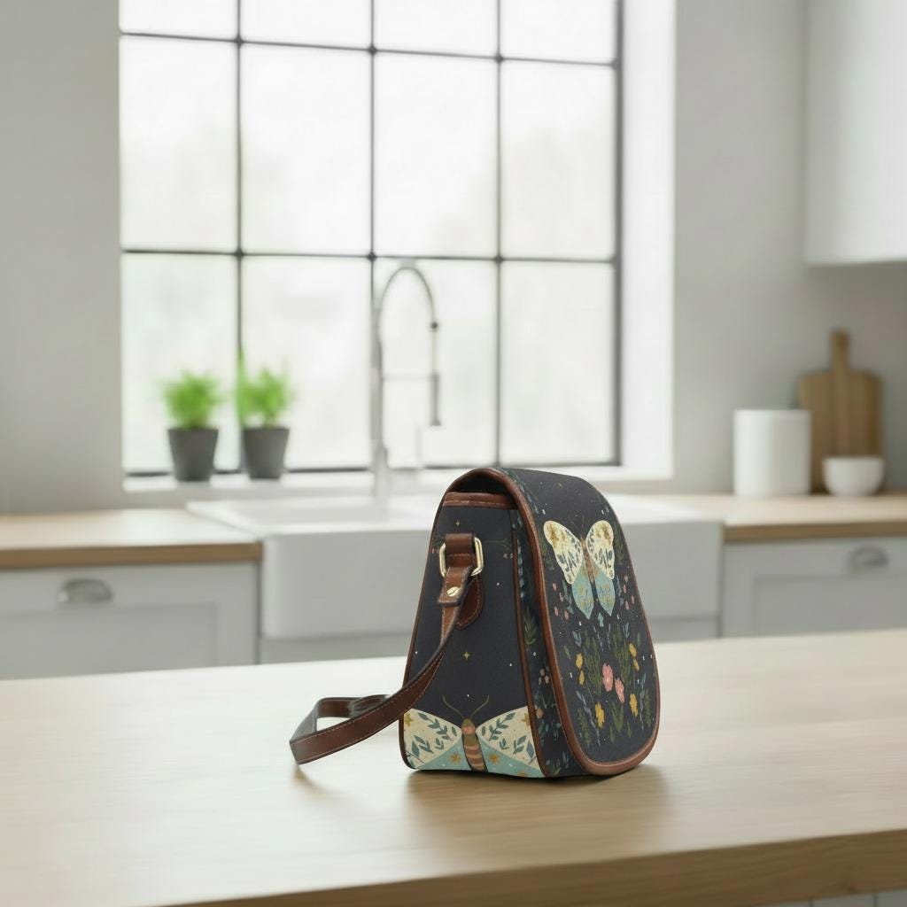 Dark Academia Moth Butteflies Saddle Handbag – Crossbody Oxford Fabric Alternative