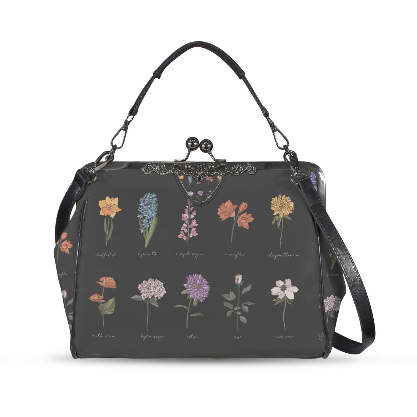 Black Floral Victorian Kisslock Crossbody Handbag - Dark Academia Gothic Bag