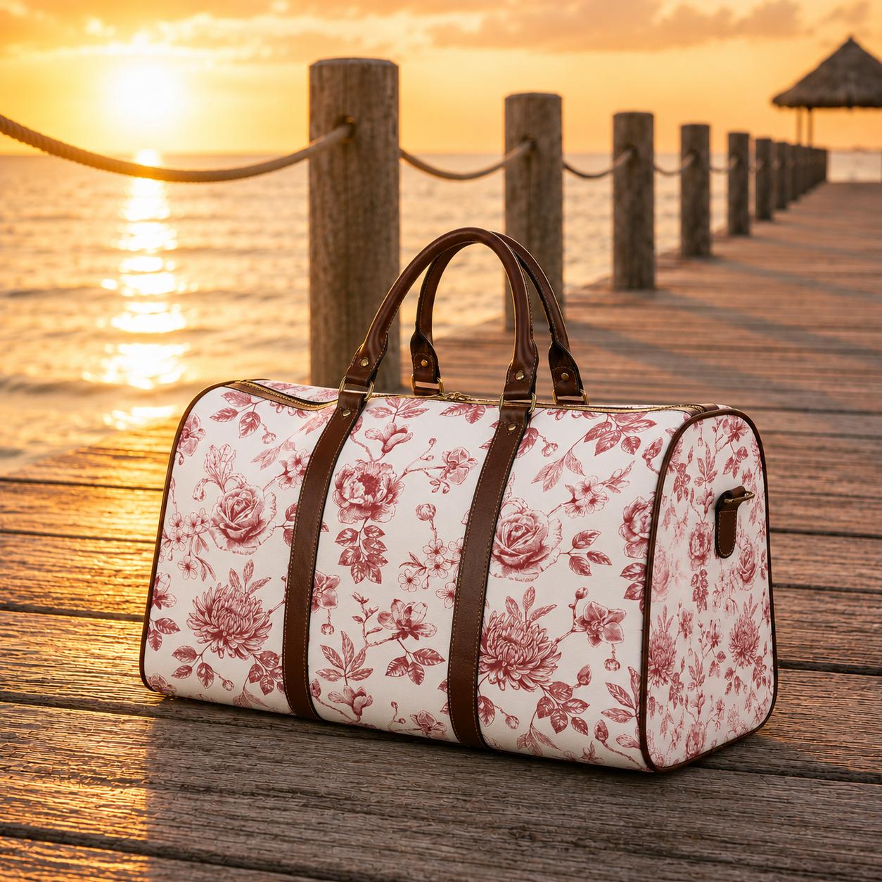 Toile de Jouy White Red Floral Weekend Travel Bag – French Vintage Carry-On Luggage