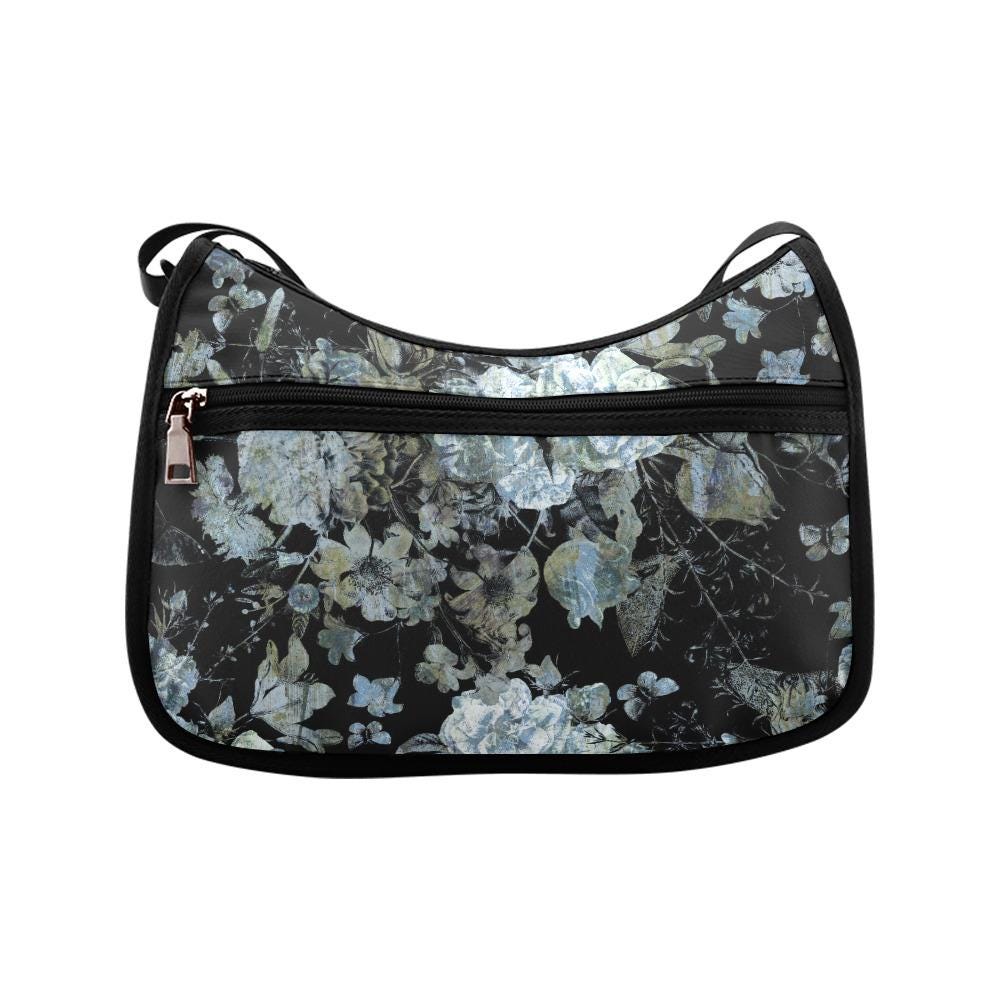 Black Gray Moody Floral Shoulder Bag – Gothic Dark Academia Hobo Bag