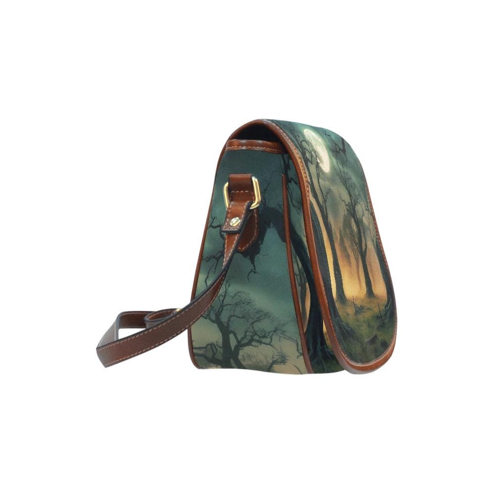 Foggy Trees at Night Dark Academia Saddle Bag - Moody Gothic Crossbody Handbag