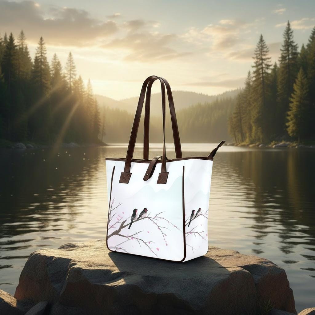 Sakura Watercolor Birds Tote Bag – Large Asian Art Style Handbag