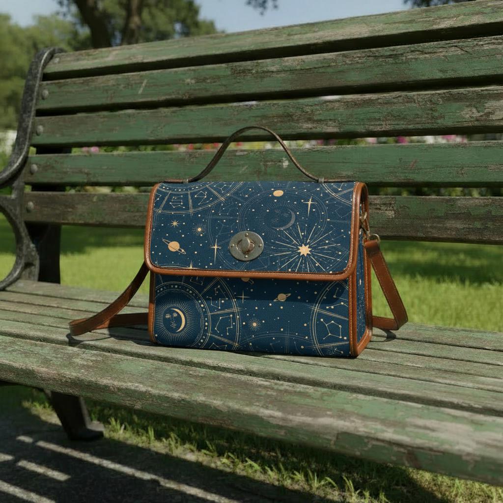 Sac bandoulière en toile astrologie lune étoiles – Style vintage céleste