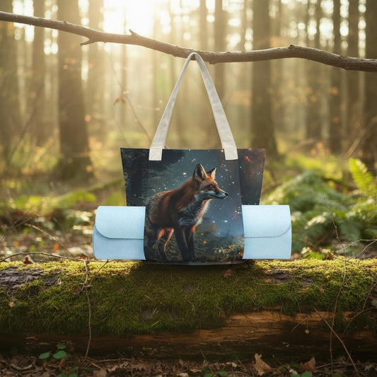 Enchanted Forest Fox Yoga Tote Bag with Mat Holder – Dark Academia Cotton Linen Tote
