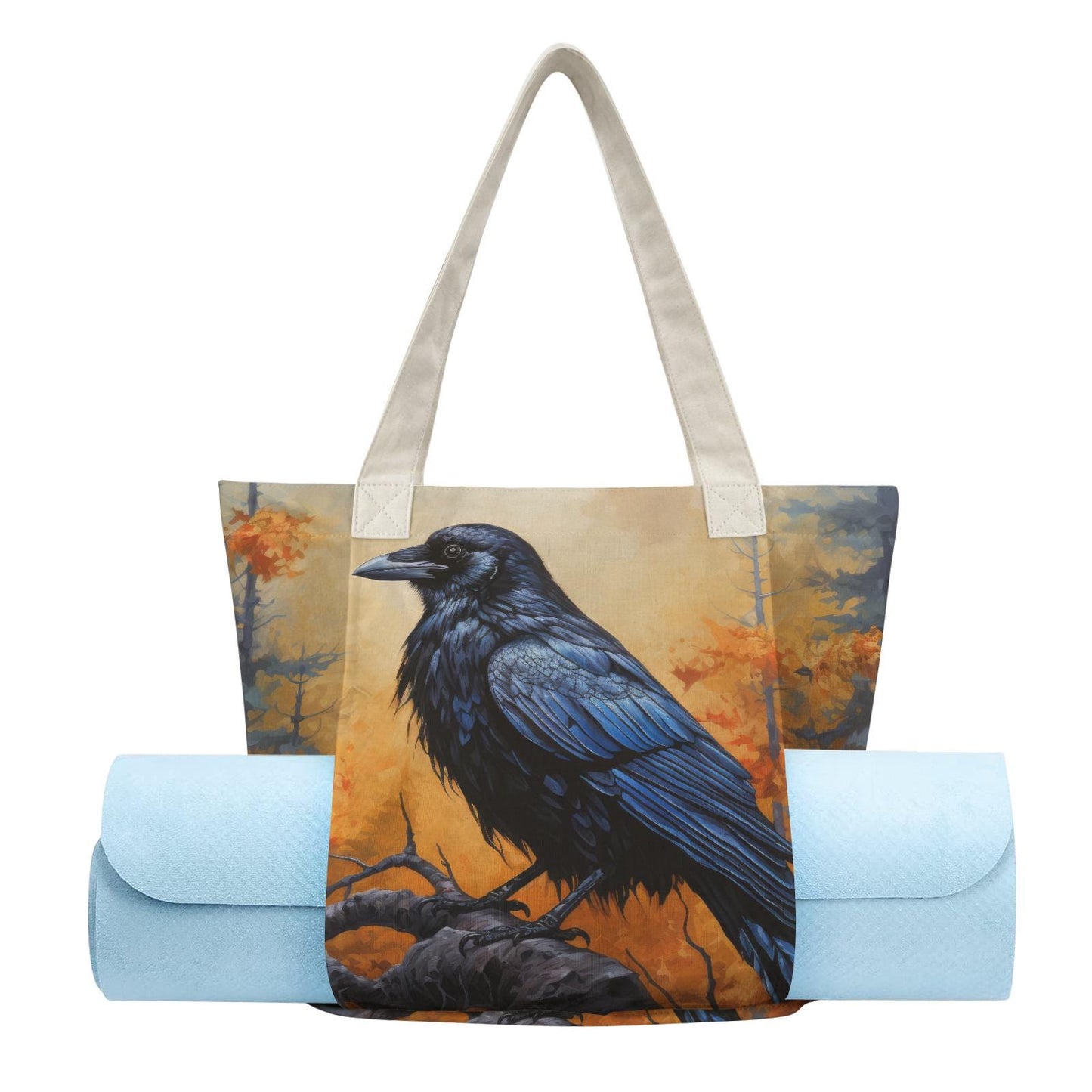 Black Raven Yoga Tote Bag with Mat Holder – Dark Academia Cotton Linen Tote