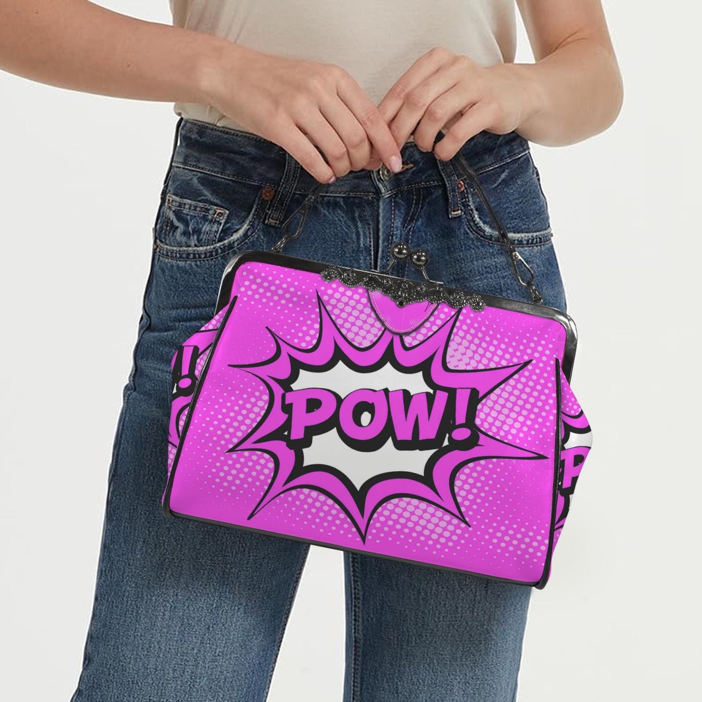 Pop Art Y2k Comic Vegan Kisslock Bag – Pink Bold Graphic Crossbody Handbag
