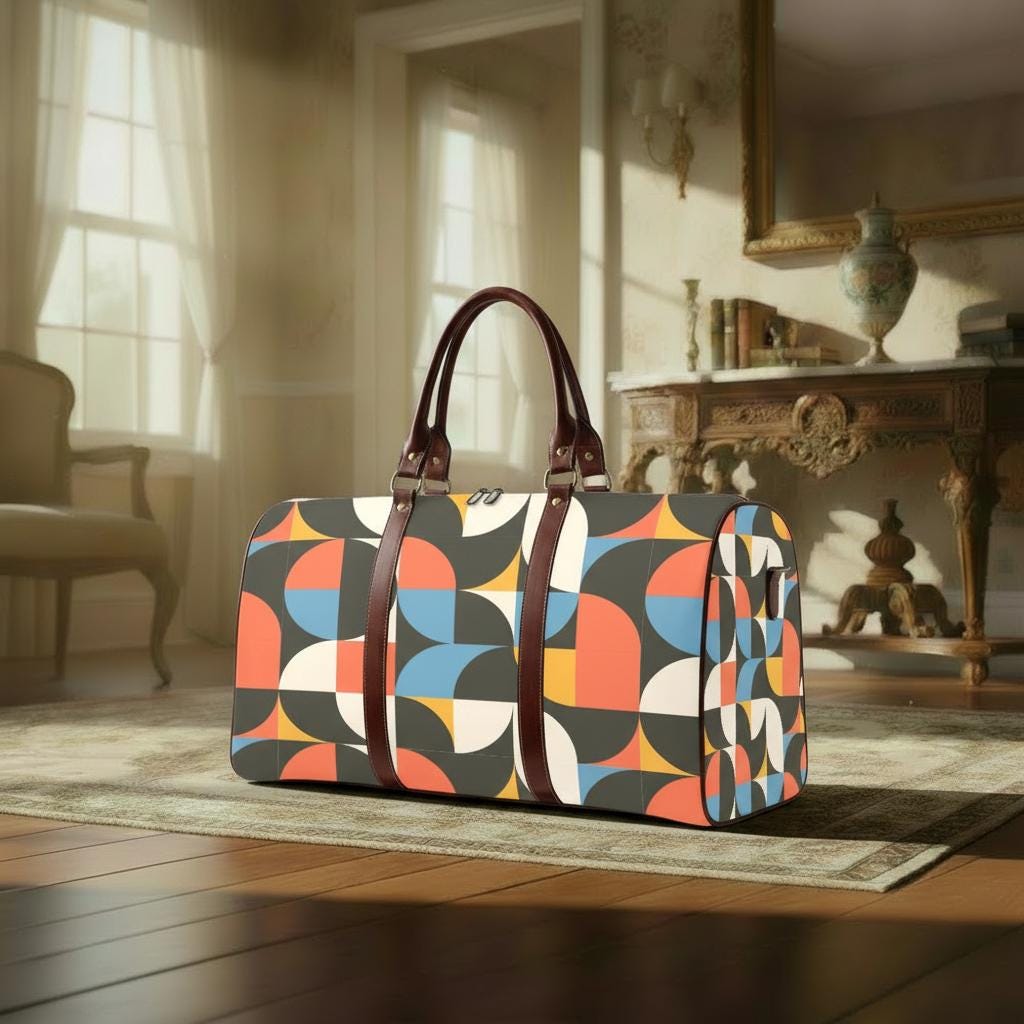 Retro 60s Midcentury Travel Bag – Black Red Blue Waterproof Weekender Duffle