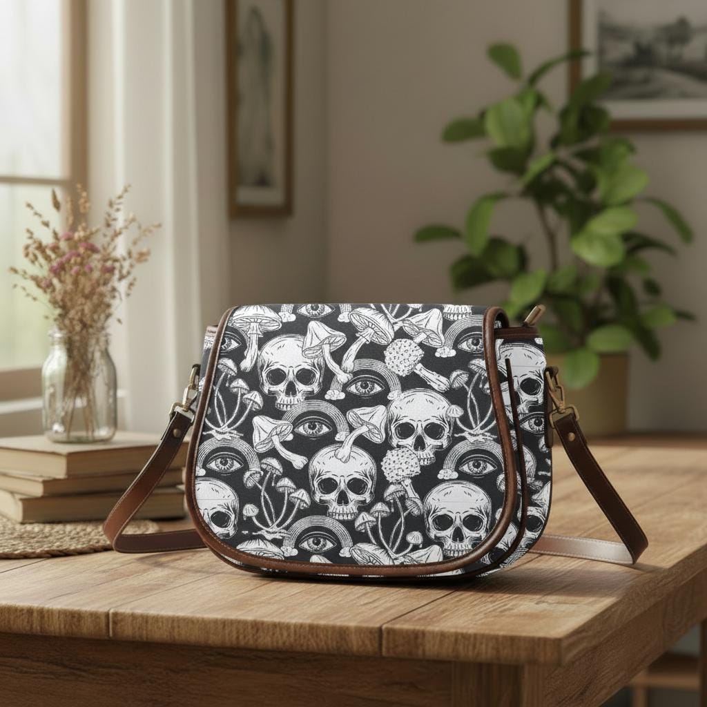 Extravagante schwarz-weiße Totenköpfe Umhängetasche – Große Gothic Alternative Schulterhandtasche