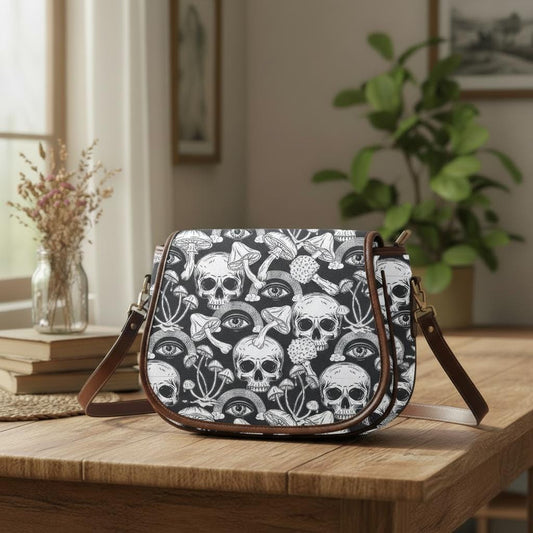 Edgy Black White Skulls Crossbody Saddle Bag – Large Gothic Alternative Shoulder Handbag